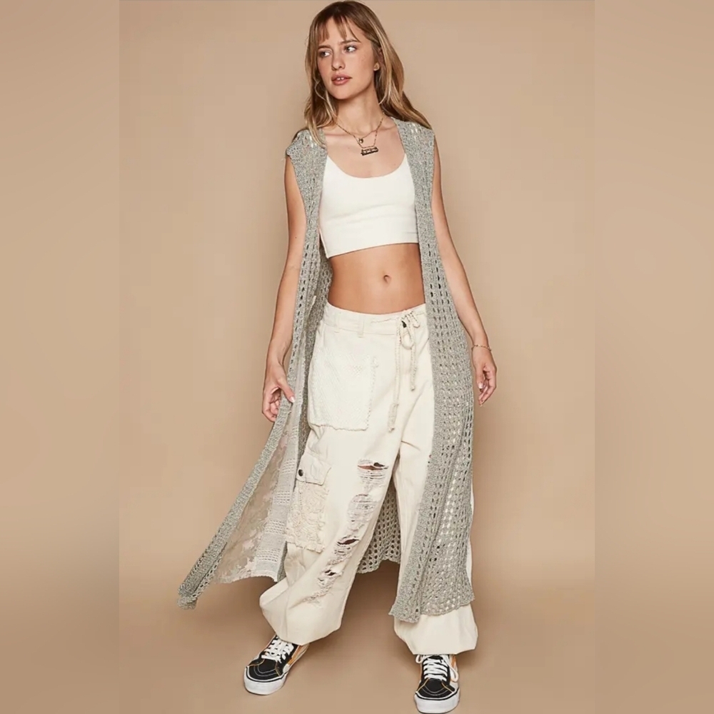 POL Boho Sleeveless lace crochet long cardigan/duster
